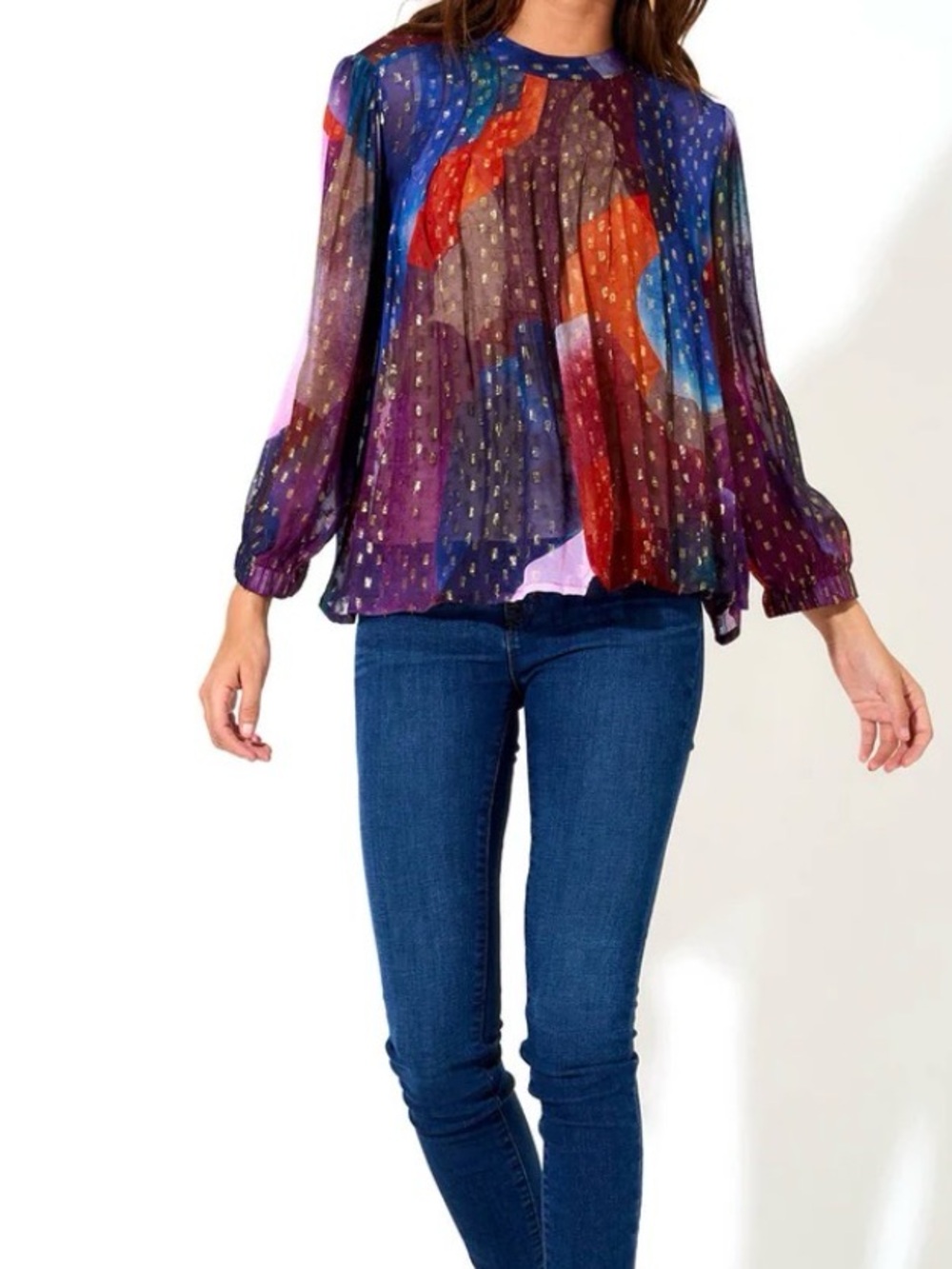 Oliphant Abstract Multi-Color Pleated Long Sleeve Shimmer Blouse XS